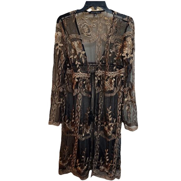 Haute Monde Cinched Waist Kimono Topper Medium Blk Copper Embroidered Whimsigoth - Picture 2 of 11
